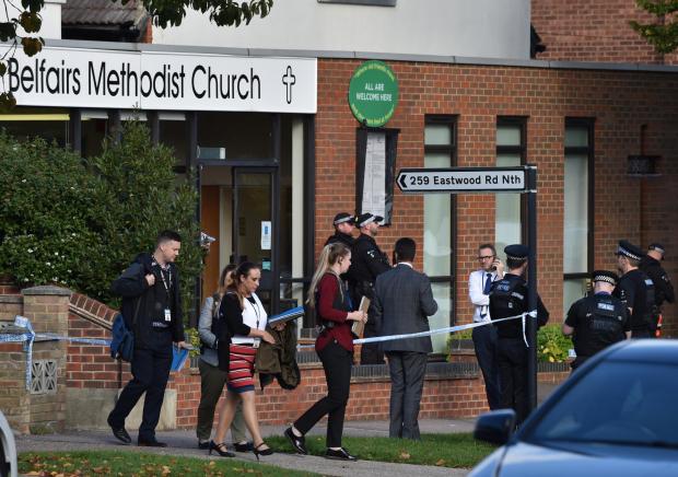 Dorset Echo: People leave the Belfairs Methodist Church in Eastwood Road North, Leigh-on-Sea, Essex, where Essex Police have said a man has died after reports that Conservative MP Sir David Amess had been stabbed several times at a constituency surgery. Pic: PA