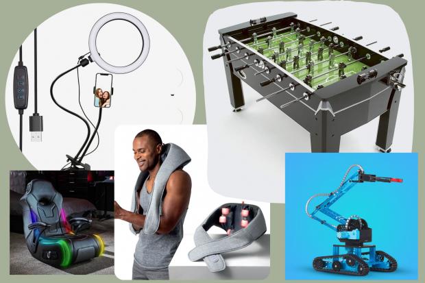 Dorset Echo: Left - clockwise: Complete Home Vlogging Kit, Viper Table Football Game, RC Industrial Grabber, Sharper Image Realtouch Shiatsu Massager, X Rocker G-Force Cosmos RGB Gaming Chair (MenKind) 
