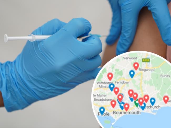 Covid vaccine locations in Dorset, inset, as case rates remain high. Pictures: PA/ Google Maps