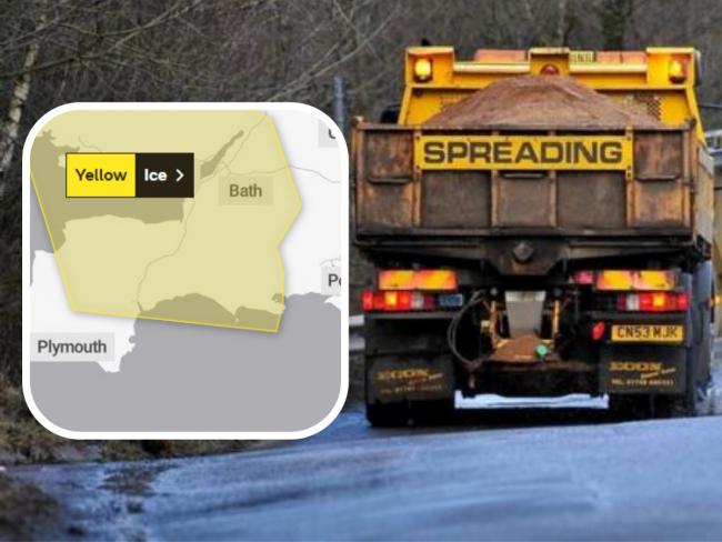 Gritter. Inset, Yellow weather warning. Picture: Met Office
