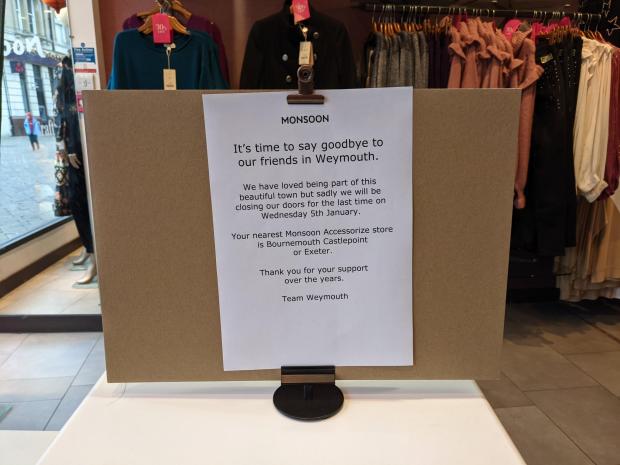 Dorset Echo: Sign inside Monsoon Accessorize Weymouth announcing its closure. Picture: Sam Machin