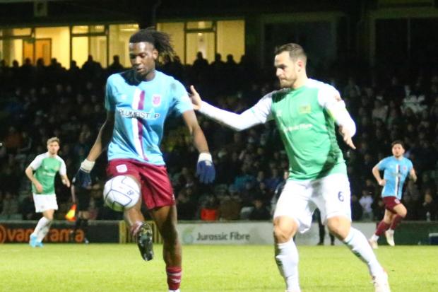 Weymouth striker Manasse Mampala, left, has been released by parent club Carlisle United				    Picture: MARK PROBIN