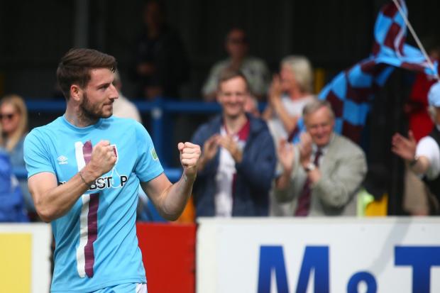 Tom Blair celebrates after scoring Weymouth's winner at Dover 							     Picture: MARK PROBIN