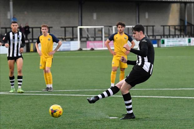 Goal 1-1 - Ben Symes of Dorchester Town U23’s scores the equalising goal from the penalty spot during the Dorchester Town U23’s v Gosport Borough U23’s match at the Avenue Stadium, Dorchester - 18th May 2022.  Picture Credit: Graham