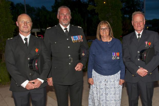 The awards ceremony took place on May 12th. (L-R) Temporary Watch Manager Luke Howell (Weymouth), Watch Manager Bob Terrey (Portland on-call), Joy Phipps (Poundbury support offices), Firefighter Andrew Morel (Charmouth on-call). Picture: Dorset and