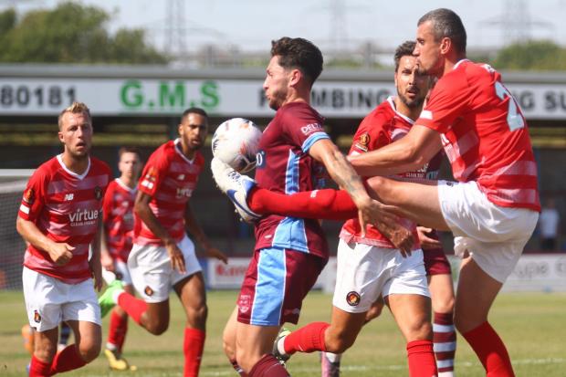 Tom Bearwish, centre, scored Weymouth's first goal in the 3-2 loss to Ebbsfleet 					     Picture: MARK PROBIN