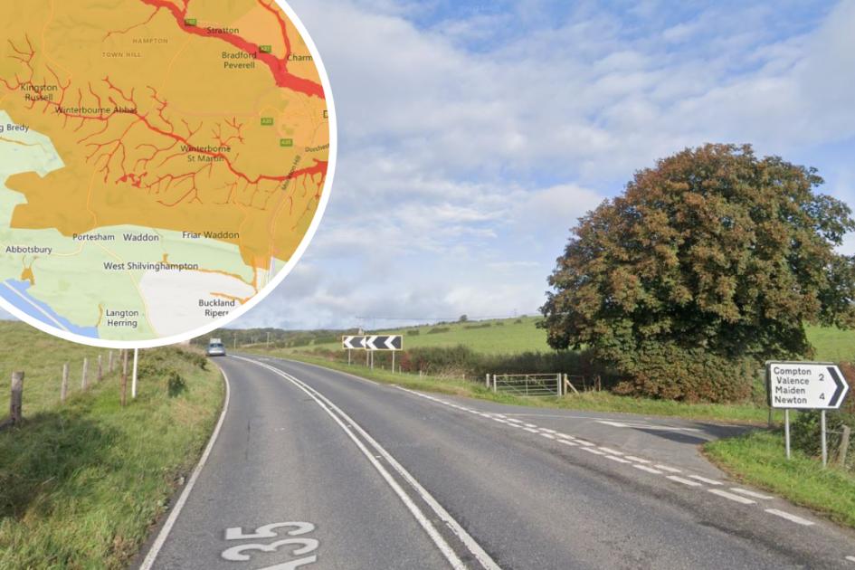 Flooding causes delays on A35 at Compton Valence turn off 