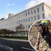 Former Weymouth & Portland Borough Council Offices at North Quay Picture GRAHAM HUNT. Inset The stone wall of a building has been unearthed at North Quay Picture: Context One
