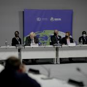 Prime Minister Boris Johnson, UNFCCC Executive Secretary Patricia Espinosa (second right) and UN Secretary General Antonio Guterres, (front right) take part in a meeting with co-facilitators at the Cop26 summit Picture: Alastair Grant/PA Wire