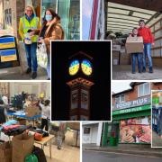 Weymouth Rotary Club outside Morrison's (top right) donations made to the Prince of Wales Firs School in Dorchester (top right and bottom left) and drop off point Food Plus in Weymouth (bottom right)