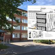 Inset: Artist impression of the development for Vespasian House. Background: The building's current appearance