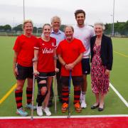 Weymouth Hockey Club’s new pitch opening, from left: Alice Craven, Jo Hunt, Howard Legg, Ian Metcalfe, George Pinner and National Hockey Foundation’s Jan Baker