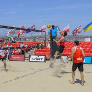 Weymouth Beach Volleyball Classic. 

Pierre Tang-Taye and Andrea Maggio in white v Aldo Peiro and Cole Durant.  

16th July 2022.  Picture Credit: Graham Hunt Photography