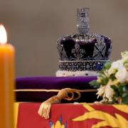 The coffin of Queen Elizabeth II, draped in the Royal Standard with the Imperial State Crown placed on top. Picture: David Ramos / PA