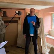 Recording in Hardy’s Cottage: Readers Rod Drew (centre) with Perwina Whitmore and project producers Alastair Nisbet and Sharon Hayden.