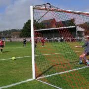 Riley Weedon slots home Bridport's second goal from the spot