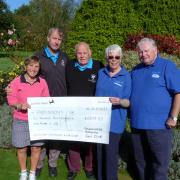 From left: Sturminster Marshall’s ladies captain Sally Campbell, men’s captain Dave Dorrell, charity coordinator Mike Whicher plus Lindsay and Bob Oliver of Poole & District Parkinson's Group
