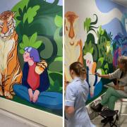 Marina with her new mural (left) and staff working on the mural at DCH (right)