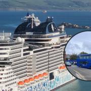 MSC Euribia at Portland Port and inset, cruise ship shuttle bus
