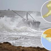Yellow weather warnings and flood warnings across Dorset. Pic: Portland Bill 2019. Inset top: Yellow weather warnings for wind. Inset bottom: Flood alerts