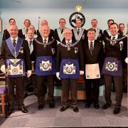 Provincial Grand Master for Dorset, Graham Glazier, The Deputy Grand Master of Dorset, Stephen James, The Assistant Grand Master of Dorset, Mike Parkes and various members of Blackmore Vale lodge and visitors