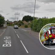 Bath Road in Sturminster Newton with fire stock image
