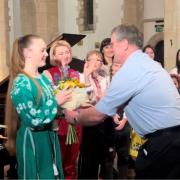 Kateryna Pyshniuk receiving flowers after her performance