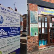 Entrance to Wey Valley Academy in Dorchester Road/ Dorset Schoolwear shop