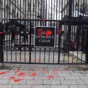 The protesters poured fake blood over the gates of Downing Street