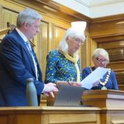 Chief executive Matt Prosser with new council chair Cllr Stella Jones and  outgoing chair Val Pothecary.