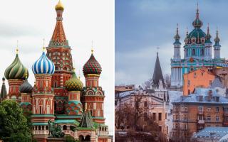 Russian landmark St Basil's Cathedral, pictured left, and a beautiful church in Kiev, pictured right. Photos via Canva/Pixabay.