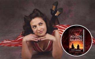 Lucy Ghose author photo with The Poison Balance Book cover