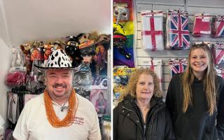 Fitted out: Premier Party Shop owner Phil Anderson and Weymouth Fancy Dress' Dolly Fitton and Freya