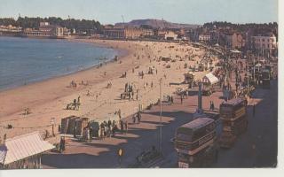 1970s postcard showing Weymouth beach - look at the old-fashioned buses