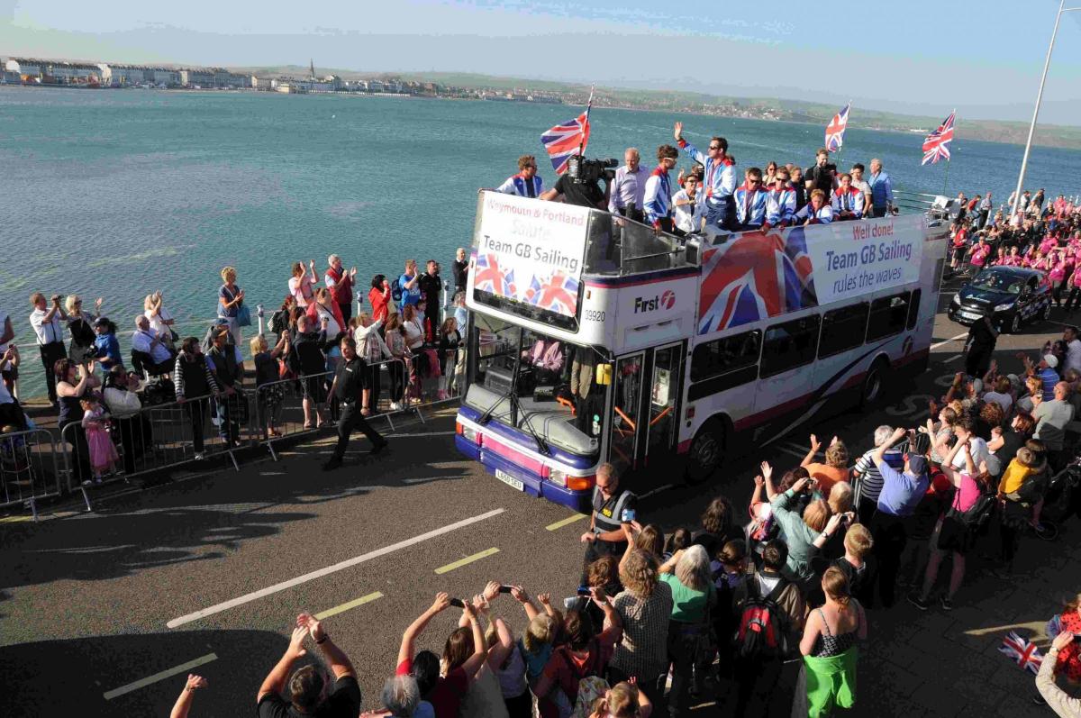 Weymouth Carnival celebration bus. Olympic and Paralympic athletes cheered on after their London 2012 victories